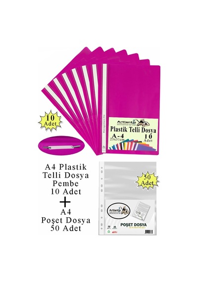 Telli Dosya Plastik A4 10 Lu Ve Poşet Dosya 50 Li 1 Paket Ekonomik Kaliteli Şeffaf Kapak Telli Dosya Okul Büro Ofis Pembe