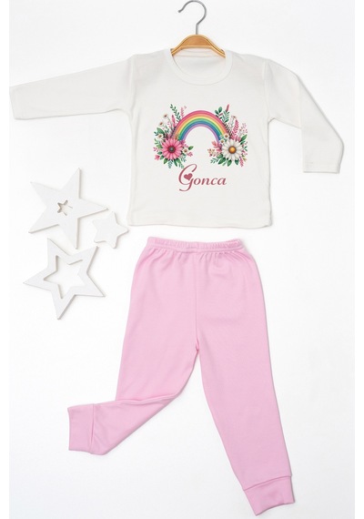 Pia Baby İsme Özel Kız Çocuk Pijama Takımı %100 Pamuk Penye İsim Baskılı Kişiye Özel Çocuk Pijaması 10656p14pi Krem