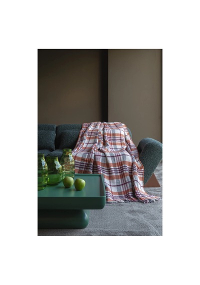 Nixa Skoç Ekose Desenli Püsküllü Çift Kişilik Battaniye Bej Kahve 180x220 Cm Çok Renkli
