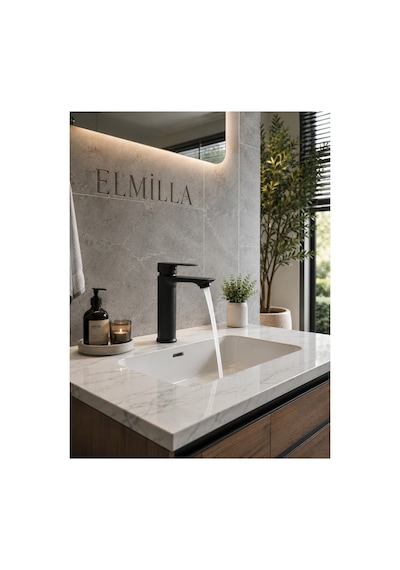 Siyah Lüx Sabit Lavabo Bataryası Şık Tasarım Premium Gövde Çift Su Girişli Lavabo Bataryası