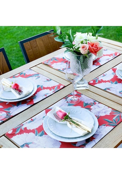 Red - White Rose Kumaş Amerikan Servis 4'lü Set - Keten Kumaş Ulusl. Yıkama Ve Solmama Sertifikası Çok Renkli
