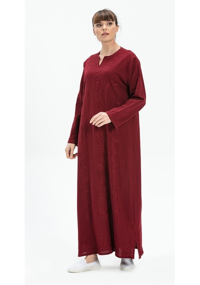 Eliş Şile Bezi Uzun Kol Şile Bezi Simli Kaftan Midi Boy Elbise Bordo