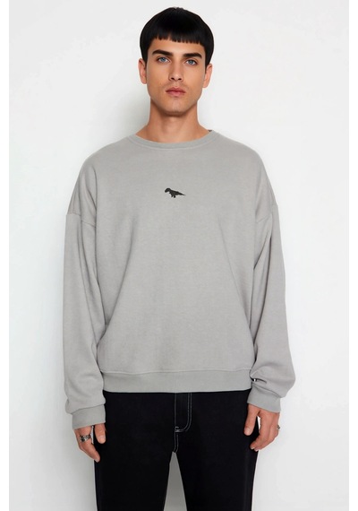 Benerly Erkek Bisiklet Yaka Düşük Kol Nakışlı Oversize Sweatshirt Pamuk Gri