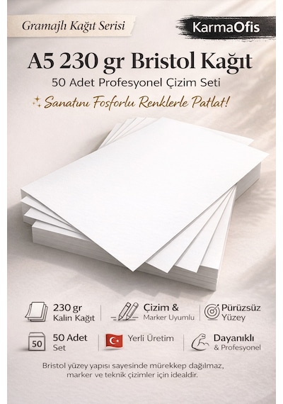 A5 230 Gr Bristol Kağıt 50 Adet Kalın, Pürüzsüz, Marker & Teknik Çizim Uyumlu Profesyonel Kağıt
