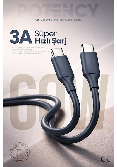 60w Potency Type-c To Type-c Isıya Dayanıklı Hızlı Şarj Ve Data Kablosu 1.2m Siyah