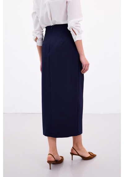 Sateen Aksesuar Kuşaklı Yırtmaçlı Etek - Lacivert-136889 Lacivert