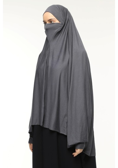 Altobeh Kollu Sufle Çarşaf Üstü Peçeli Pratik Tesettür Hijab - Nikaplı Namaz Örtüsü Füme