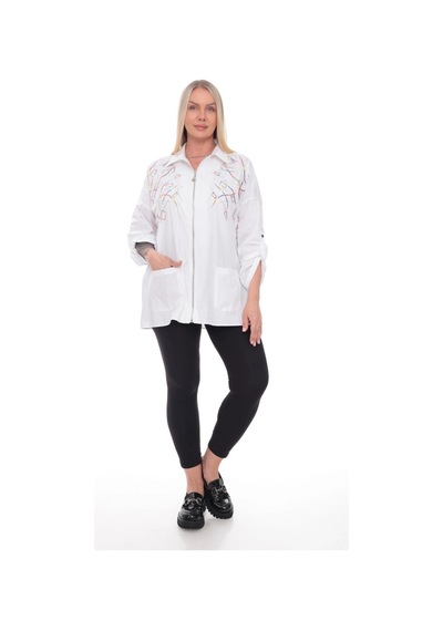 Lady Majestic Dokuma Motifli Pamuklu Büyük Beden Fermuarlı Desenli Gömlek Ceket 44-58 Beden Beyaz Lady Majestic Dokuma Motifli Pamuklu Büyük Beden Fermuarlı Desenli Gömlek Ceket 44-58 Beden Beyaz