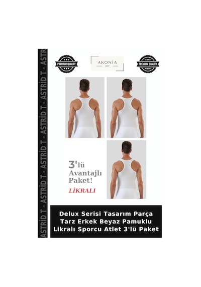 Astrid T Delux Serisi Tasarım Parça Tarz Erkek Beyaz Pamuklu Likralı Sporcu Atlet 3'lü Paket