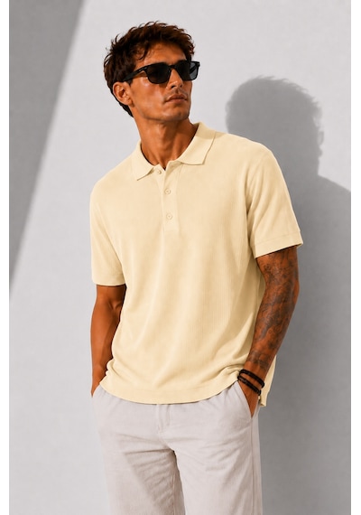 Ribana Erkek Kısa Kollu Fitilli Yarım Düğme Kapama Polo Yaka T-shirt 26001 Sarı