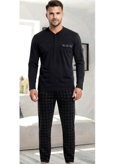 Erse Uzun Kol Pamuklu İnterlok Erkek Pijama Takımı Siyah - 9091554973088