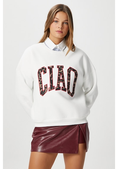 Kadın Ciao Nakışlı İçi Polarlı Leopar Ekru Oversize Seeatshirt Ekru