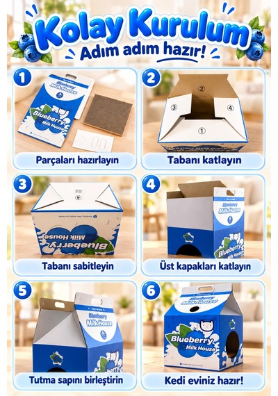 Karton Kedi Evi Yaban Mersini Katlanabilir Süt Kutusu Tasarımı, Tırmalama Pedi Hediyeli Sempatik K