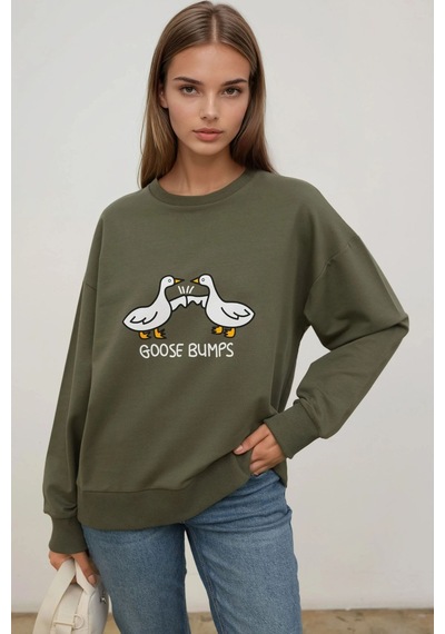Hiccup Baskılı Yuvarlak Yaka Rahat Kesim Sweatshirt Haki