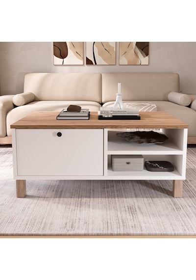 Robin Home Alaska Orta Sehpa Ahşap Ayaklı Kapaklı Sepet-beyaz Beyaz