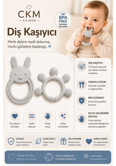 Bebek Diş Kaşıyıcı Kolay Tutuş, Güvenli Kullanım Gri