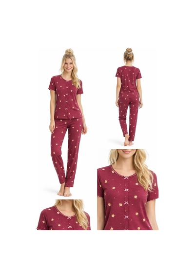 Kadın 01568 Kısa Kol Kaşkorse Pijama Takımı Bordo