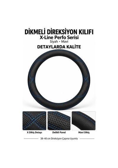 Trobus Seat Ateca 2016-2023 Uyumlu Dikmeli Direksiyon Kılıfı X-line Perfo Siyah Mavi Siyah - Mavi