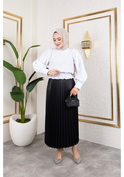 Hira Life Fashion Kadın Tesettür Giyim Ve Deri Görünümlü Beli Lastik Detayı İle Piliseli Uzun Etek Siyah Siyah Hira Life Fashion Kadın Tesettür Giyim Ve Deri Görünümlü Beli Lastik Detayı İle Piliseli Uzun Etek Siyah Siyah