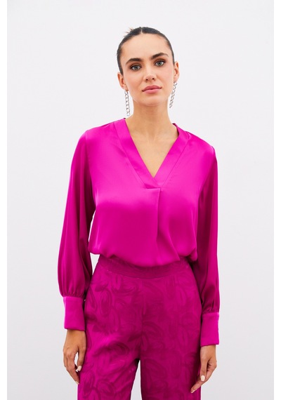 Sateen V Yaka Saten Bluz - Fusya-134905 Fusya Fuşya