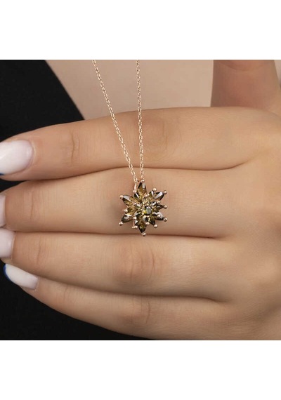 925 Ayar Gümüş Rose Kaplama Zeytin Yeşili 4 Katmanlı Lotus Çiçeği Kadın Kolye Renkli