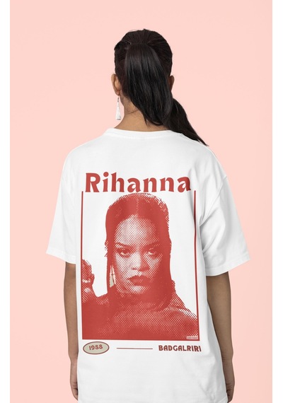 Sevbano Rihanna Badgirlriri Sırt Baskılı Unisex Oversize Şarkıcı Tişört Beyaz
