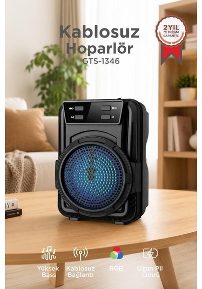 Özel Üretim Bluetooth Hoparlör Gts-1346 Siyah Taşınabilir Cihaz Parti Işığı Müzik