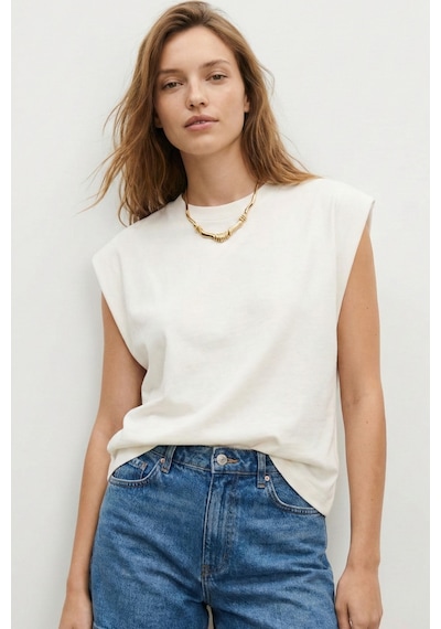 Elemge %100 Pamuk Süprem Tok Kumaş Kadın Oversize Ekru T-shirt Geniş Omuzlu Dökümlü Kolsuz Bol Kalıp