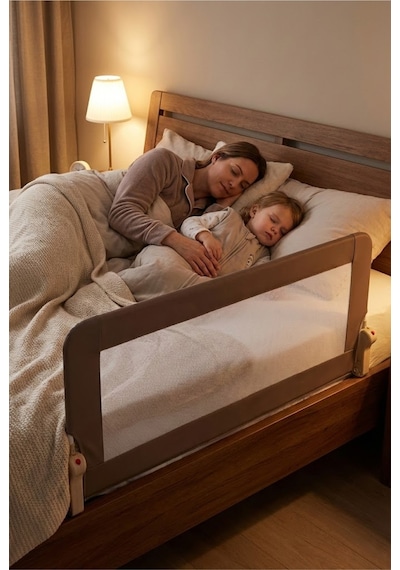 Premium 120x65 Cm Deri Kılıflı Yatak Bariyeri, Katlanır Yatak Korkuluğu, Kahve