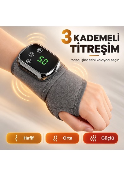 Valkyrie Isıtmalı Titreşimli El Bilek Masaj Aleti Şarjlı 5 Isı Ayarlı 3 Kademeli Masaj Destekli Gri