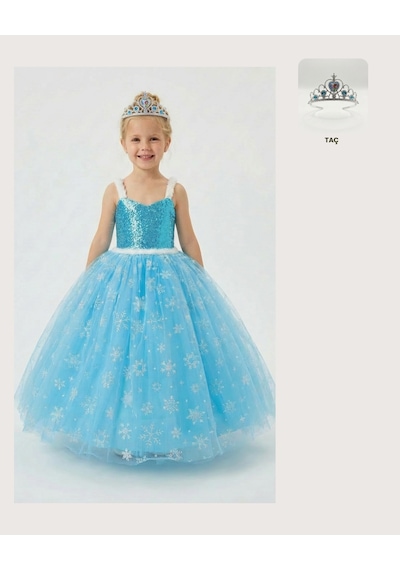 Butikhappykids Frozen Elsa Kostümü Askılı Kız Çocuk Prenses Elbisesi + Taç Mavi
