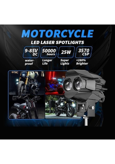 2 Adet Motosiklet Çift Göz Led Lazer Sis Farı Delici Beyaz Sarı Çift Renk 12-80 Volt
