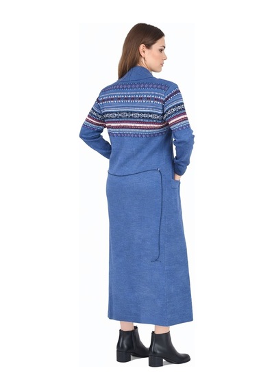 Onno Style Woman Standart Beden Kilim Desenli Uzun Triko Ceket Mavi
