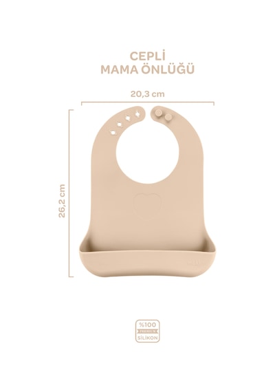 Silikon Beslenme Seti 3'lü Latte Bej / Mama Tabağı, Mama Önlüğü, Bandırma Kaşığı Latte Bej