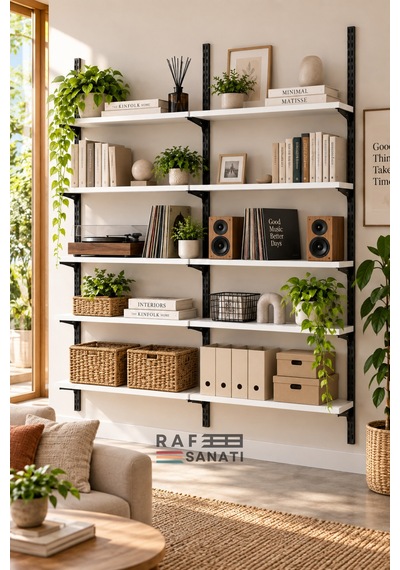 2 Modül 90x30 Cm 10 Raflı Geniş Mağaza Duvar Rafı Konik Dikme Sistem Beyaz Suntalam