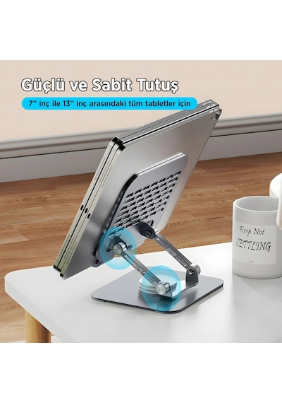 Bix Ps01 360 Dönebilen Isı Dağıtımlı Katlanabilir Metal Tablet Standı Apple Uyumlu iPad Tutucu Gri