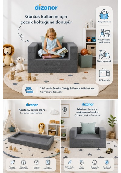 Cozygo Katlanabilir Çocuk Koltuğu Ve Yatağı 3 Ü 1 Arada Antislip Tabanlı Taşınabilir Oyun Alanı Gri