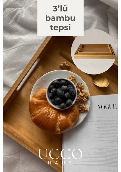 3'lü Bambu Tepsi Seti Doğal Ahşap Servis Tepsisi 40x28 -37x25 -33x22 Cm Şık Ve Sağlıklı Sunum