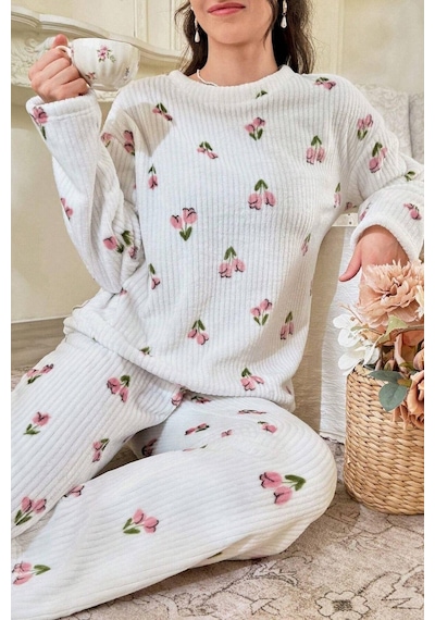 Bella Notte Çiçek Desenli Fitilli Pamuklu Uzun Pijama Takımı Kırık Beyaz