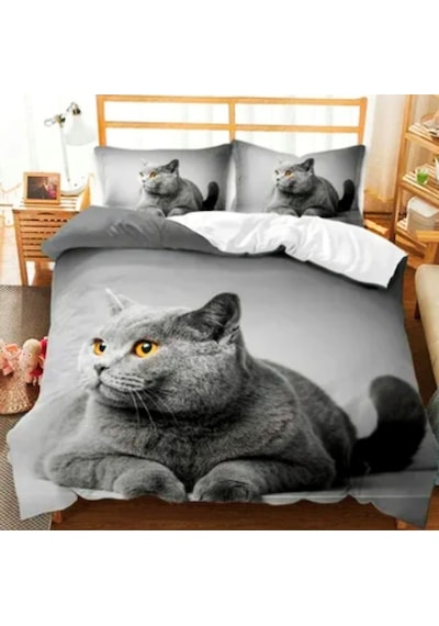 Kedi Tek Kişilik 3 Parça Saten & Pamuk Nevresim Takımı