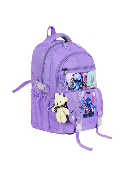 Stitch Baskılı Ortopedik Aksesuarlı Anahtarlıklı Okul Çantası Termal Beslenme Ve Kalemlikli Set Mor