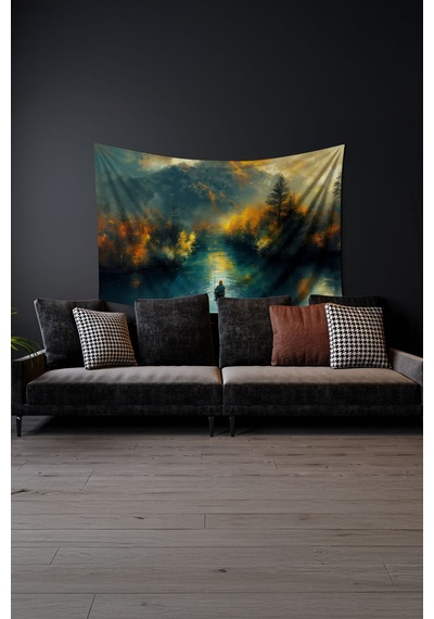 Gün Batımında Balıkçı Desenli Duvar Halısı Duvar Örtüsü Tapestry Süet Dokulu Kumaş