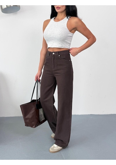 Kadın Kahverengi Wide-leg Jean Yüksek Bel Geniş Paça Kot Pantolon Kahverengi