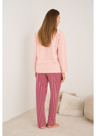 Siyah İnci Polar Kışlık Waffle Örme Kumaşlı Pijama Takım 25222082 Somon