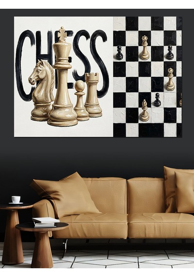 Satranç Taşları Ve Chess Yazısı Dekoratif Kanvas - Mdf Ahşap Tablo