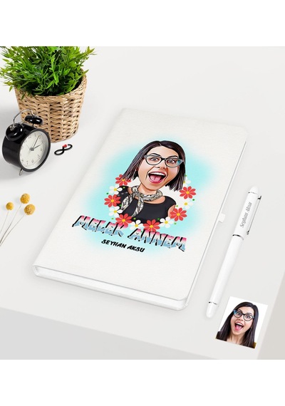 Kişiye Özel Melek Annem Karikatürlü Beyaz Defter Kalem Seti Beyaz
