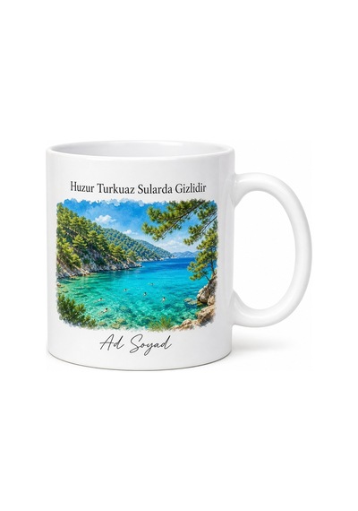 Marmaris Cennet Adası Turkuaz Koylar Çam Ormanı Temalı Baskılı Porselen Kupa Bardak Hediye Beyaz / Çok Renkli