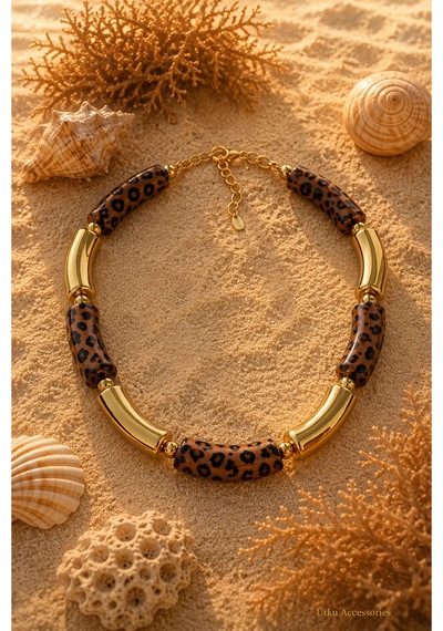 Leopar Kahverengi Gold Uyumlu Kemik Çelik Kolye Altın
