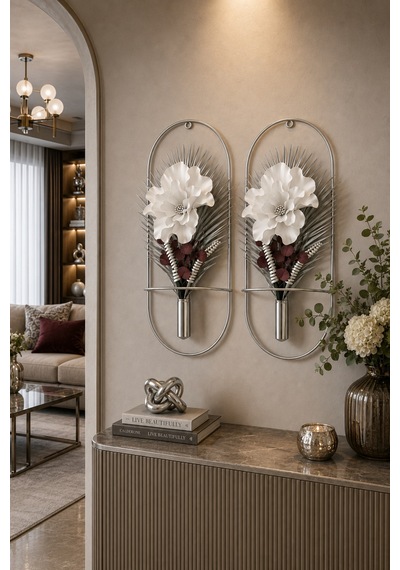 Lateks Çiçek - Beyaz & Gümüş - Dekor Çiçek 2 Adet Beyaz - Gri - 722044194 Beyaz - Gri