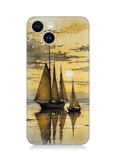 Apple Uyumlu iPhone 14 Yelkenli Gün Batımı Desenli Silikon Kılıf Silikon